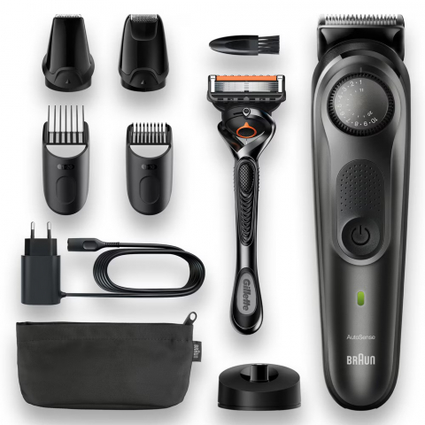 Aparat de tuns barba Braun Beard Trimmer BT7340, Wet&Dry, buton rotativ de precizie, lame de metal, 39 de setări pentru lungime, 2 piepteni, 2 accesorii extra, Aparat de ras Gillette, Saculet de voiaj [2]