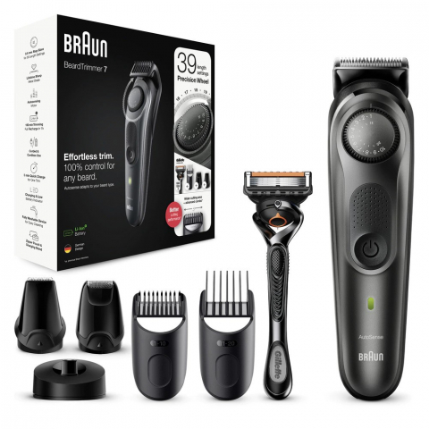 Aparat de tuns barba Braun Beard Trimmer BT7340, Wet&Dry, buton rotativ de precizie, lame de metal, 39 de setări pentru lungime, 2 piepteni, 2 accesorii extra, Aparat de ras Gillette, Saculet de voiaj [0]