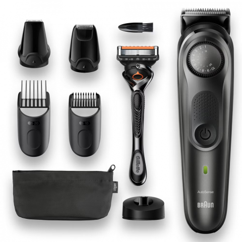 Aparat de tuns barba Braun Beard Trimmer BT7340, Wet&Dry, buton rotativ de precizie, lame de metal, 39 de setări pentru lungime, 2 piepteni, 2 accesorii extra, Aparat de ras Gillette, Saculet de voiaj [1]