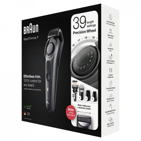 Aparat de tuns barba Braun Beard Trimmer BT7340, Wet&Dry, buton rotativ de precizie, lame de metal, 39 de setări pentru lungime, 2 piepteni, 2 accesorii extra, Aparat de ras Gillette, Saculet de voiaj [5]