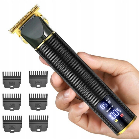 Aparat de tuns barba si parul 7 in 1 NewEvo, Afisaj LCD, Lama otel inoxidabil tip T-Blade, Acumulator 1300 mAh, Lungime taiere intre 0 si 9 mm, Cablu USB, Negru Auriu [1]