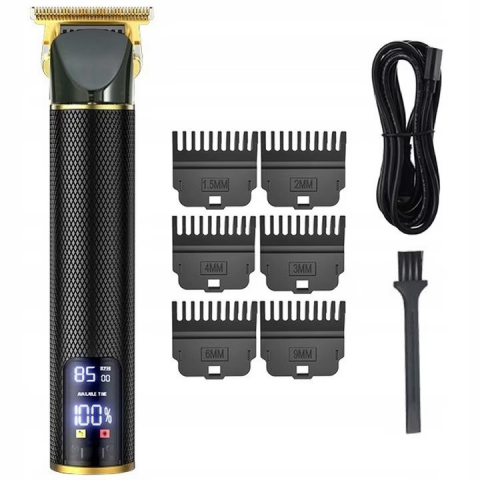 Aparat de tuns barba si parul 7 in 1 NewEvo, Afisaj LCD, Lama otel inoxidabil tip T-Blade, Acumulator 1300 mAh, Lungime taiere intre 0 si 9 mm, Cablu USB, Negru Auriu [0]