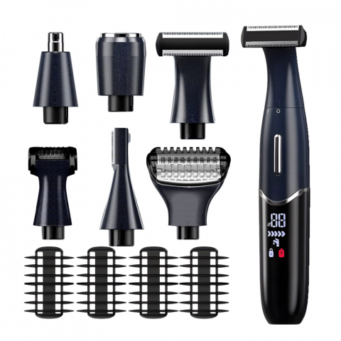 Ingrijire personala & Cosmetice - Aparat De Tuns, Ras Si Barbierit Barba, Parul Corporal, Nazal Si Urechi, Trimmer Sprancene, Perciuni NewEvo® SilkTouch Electric, 4 Pieptani, Reincarcabil, Rezistent La Apa, Afisaj Digital LED, Negru