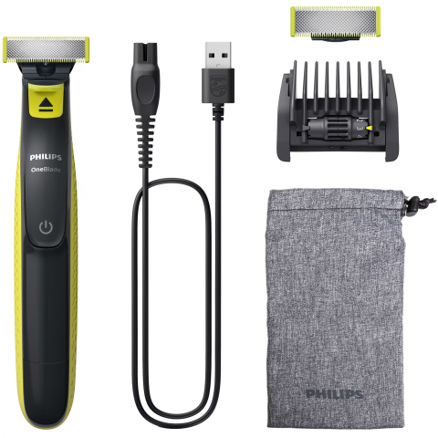 Noutati - Aparat hibrid de barbierit si tuns barba Philips OneBlade QP2724/30, pieptene reglabil 5 in 1, reincarcabil, umed si uscat, 45 min, USB-A, husa, capac de protectie, lama inlocuibila suplimentara, Verd