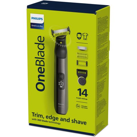 Aparat hibrid de barbierit, tuns barba si parul corporal Philips OneBlade Pro QP6551/17, pieptene 14 lungimi, lama inovatoare 360 cu 2 taisuri, afisaj digital LED, pieptene corp, reincarcabil,autonomi [1]