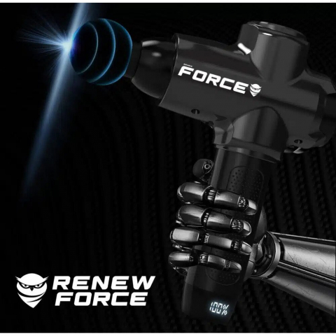 Aparat pentru masaj profesional tip pistol Renew Force,10 viteze, motor silentios, ecran LCD cu touchscreen, 3200 percutii, sistem racire, 3350mAh, 12 capete, servieta depozitare, Negru/Alb [1]