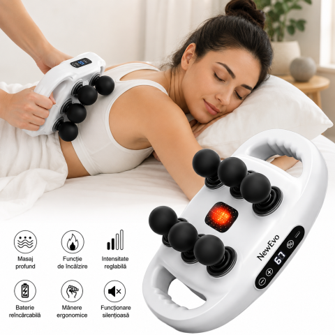 Aparate masaj - Aparat Profesional pentru Masaj Muscular NewEvo® cu 6 Capete Rotative, Funcție de Încălzire, Display LCD, Acumulator Reîncărcabil 2000 mAh, Masaj Profund pentru Spate, Gât, Umeri, Brațe, Șolduri și Pi