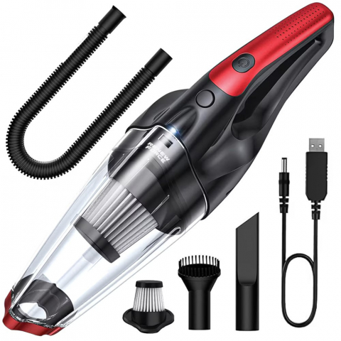 Aspirator de Mana Portabil cu Acumulator NewEvo, pentru Uz Casnic sau Auto, Functie de Aspirare Umeda si Uscata, Aspiratie 6000 Pa, Incarcare USB, Putere 100W, 3 Accesorii Ideale pentru Spatii Inguste, Negru Rosu [1]