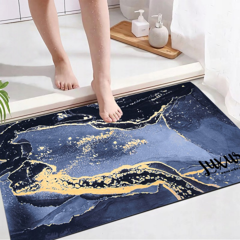 Covoras de baie modern, Ultra absorbant, Antiderapant si uscare rapida, Model marmura, Ecologic usor de curatat, 50x80 cm, Poliester/Rubber, Navy [5]