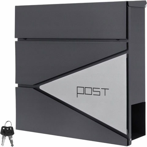 Cutie postala exterior NewEvo, otel galvanizat, spatiu ziare, buzunar pentru materiale publicitare, 37x37x 11 cm, accesorii montare, design elegant Antracit Argintiu [0]