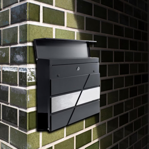 Cutie postala exterior NewEvo, otel galvanizat, spatiu ziare, buzunar pentru materiale publicitare, accesorii montare, design modern, 37x37x 11 cm, Antracit Argintiu [3]