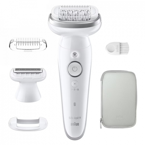 Epilator Braun Silk-épil 9 9-041 Wet & Dry, MicroGrip, Smart Light, 2 viteze, 40 pensete, Cap de ras + Pieptene, 1 capac, Geanta de voiaj, Alb/Argintiu [2]