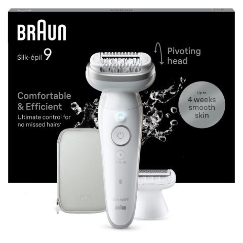 Noutati - Epilator Braun Silk-épil 9 9-041 Wet & Dry, MicroGrip, Smart Light, 2 viteze, 40 pensete, Cap de ras + Pieptene, 1 capac, Geanta de voiaj, Alb/Argintiu