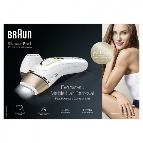 Epilator IPL Braun Silk-expert PRO 5 PL5160 senzor automat & continuu skin pro 2.0, 400.000 impulsuri, 10 niveluri de intensitate, 125 de impulsuri pe minut, cap de precizie, trusa de voiaj, alb/auriu [8]