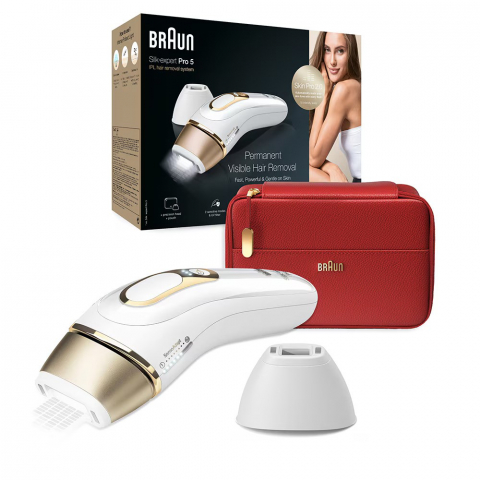 Epilator IPL Braun Silk-expert PRO 5 PL5160 senzor automat & continuu skin pro 2.0, 400.000 impulsuri, 10 niveluri de intensitate, 125 de impulsuri pe minut, cap de precizie, trusa de voiaj, alb/auriu [0]