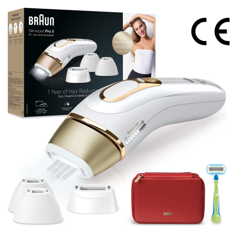 Epilator IPL Braun Silk-expert PRO 5 PL5382 Senzor automat & continuu Skin pro 2.0, 400.000 impulsuri, 10 niveluri de intensitate, 125 de impulsuri pe minut, 2 Capete de precizie, 1 Cap lat, Trusa de