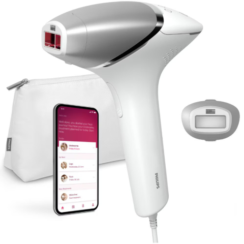 Epilator IPL Philips Lumea Seria 8000 BRI940/00, Senzor Smartskin, tehnologie SenseIQ, conectare la aplicatie, utilizare cu fir, 450.000 impusuri, accesoriu corp, Alb/Argintiu