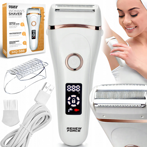 Epilatoare - Epilator Umed Si Uscat Renew Force, 3 Mecanisme de taiere intr-un singur cap, Afisaj LCD, Functie Blocare,Incarcare USB, Lavabil, Alb Perlat