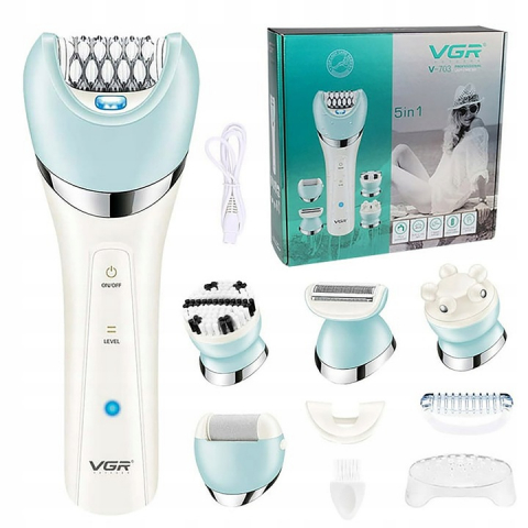 Epilatoare - Epilator VGR V-703, 5 in 1, Pentru Picioare, corp, bikini, axile,  waterproof IPX 4, acumulator 1400mAh, Lumina LED, 2 Viteze, Alb