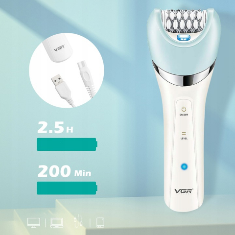 Epilator VGR V-703, 5 in 1, Pentru Picioare, corp, bikini, axile,  waterproof IPX 4, acumulator 1400mAh, Lumina LED, 2 Viteze, Alb [1]