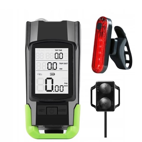 Sport & Travel - Far bicicleta cu ciclocomputer fara fir Renew Force, Lampa spate, Claxon, Acumulator 4000 mAh, Incarcare USB, Ecran LCD, Afisare viteza curenta, distanta parcursa, Viteza medie, Temperatura ambientala