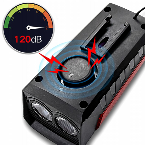 Far bicicleta cu incarcare solara & USB Renew Force, Lampa spate cadou, Claxon, 3 Moduri de iluminare, 1200 lumeni, Indicator incarcare baterie, Negru Rosu [2]