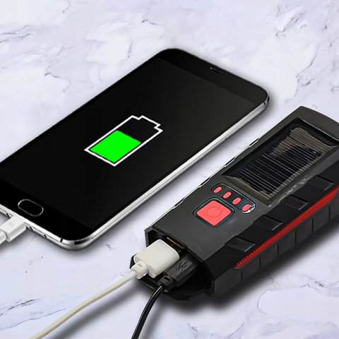 Far bicicleta cu incarcare solara & USB Renew Force, Lampa spate cadou, Claxon, 3 Moduri de iluminare, 1200 lumeni, Indicator incarcare baterie, Negru Rosu [5]