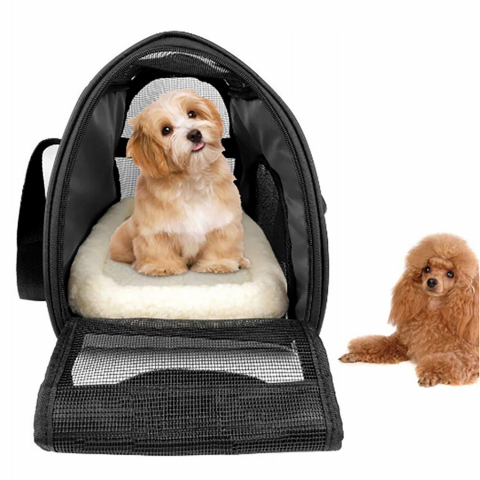 Geanta pentru transport animale mici, caine, pisica, iepure, din panza, 47cmx28cmx25cm, baza rezistenta, plasa de aerisire, Negru [2]