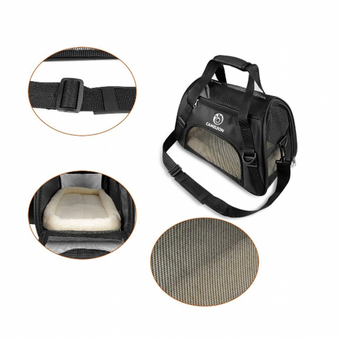 Geanta pentru transport animale mici, caine, pisica, iepure, din panza, 47cmx28cmx25cm, baza rezistenta, plasa de aerisire, Negru [5]