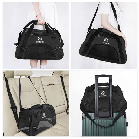 Geanta pentru transport animale mici, caine, pisica, iepure, din panza, 47cmx28cmx25cm, baza rezistenta, plasa de aerisire, Negru [4]