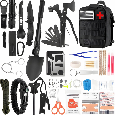 Sport & Travel - Kit complet de supravietuire multifunctional 92 in 1,Instrumente profesionale multifunctionale, vanatoare, drumetii, alpinism si aventuri in aer liber, Negru