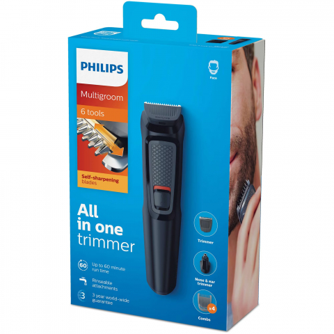 Kit de ingrijire 6 in 1 Philips Multigroom MG3710/15, fara fir, Lame cu ascutire automata, 4 piepteni, Negru [3]