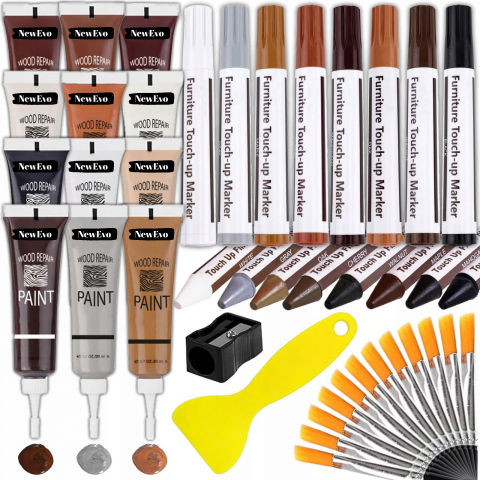Reduceri - Kit reparatii suprafete din lemn NewEvo, 8 Markere cu Cerneala Uleioasa, 8 Creioane Cerate, 12 Tuburi Vopsea, 12 Pensule, Ascutitoare