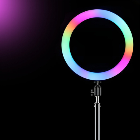 Lampa circulara RGB Ring Light NewEvo, Foto, MakeUp, YouTube, 60W, diametru 26 cm, Iluminare RGB, 18 culori diferite de fundal, cu trepied 210cm inclus, Suport telefon si telecomanda gratuite [2]