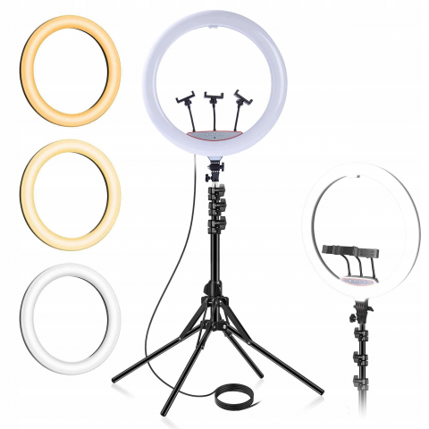 Lampa circulara Ring Light NewEvo, Foto, MakeUp, 240W, diametru 45 cm lumina rece, calda si neutra, 10 niveluri de ajustare, cu trepied 210cm inclus + Telecomanda selfie bluetooth pentru telefoane si tablete, 3 x Suport Telefon [3]