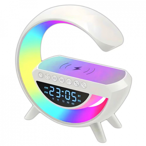 Veioze si Lampi - Lampa Smart NewEvo® Multifunctionala 4 in 1, Ceas digital, Alarma, Radio, Boxa Bluetooth, Lumini ambientale LED cu sincronizare muzicala, Incarcator wireless 15W, 7 Moduri de lumina, Alb