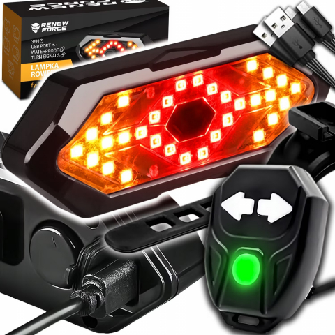 Lumini spate bicicleta cu semnalizare LED si telecomanda wireless, Renew Force, Baterie 900 mAh, reincarcabila prin USB, 5 Moduri de iluminare, impermeabila, Negru Alb [0]