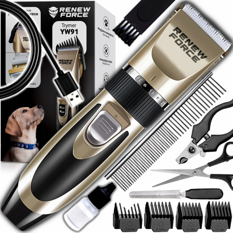 Masina Profesionala de Tuns Animale Renew Force , Pentru Caini si Pisici, Silentioasa, Fara Fir ,Lama de Ceramica, 4 Dimensiuni Ghidaj, Cleste Unghii Inclus, Reincarcabila, Auriu [1]