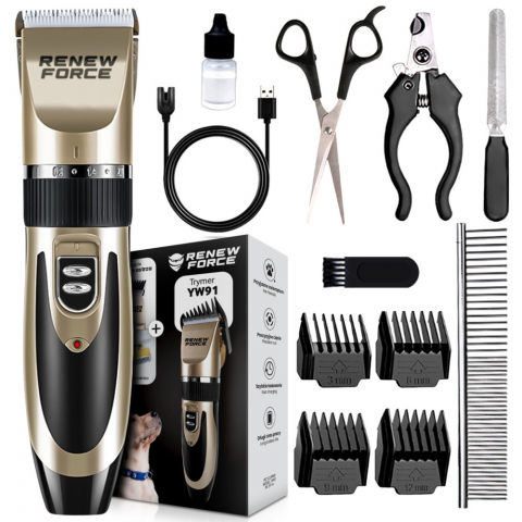 Masina Profesionala de Tuns Animale Renew Force , Pentru Caini si Pisici, Silentioasa, Fara Fir ,Lama de Ceramica, 4 Dimensiuni Ghidaj, Cleste Unghii Inclus, Reincarcabila, Auriu [0]