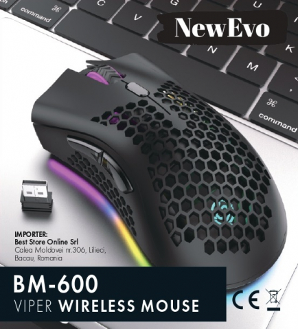 Mouse gaming NewEvo, Wireless, Iluminare RGB, USB, Wireless 2.4 G, FastCharge, Design ergonomic, 2 Butoane Programabile, Negru [5]