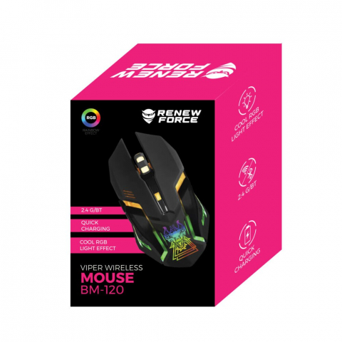 Mouse gaming Renew Force, Wireless 2.4 G, Iluminare RGB, USB, Reincarcabil, FastCharge, Reglabil1200/1600/3200 DPI, Design ergonomic, Negru Print [2]