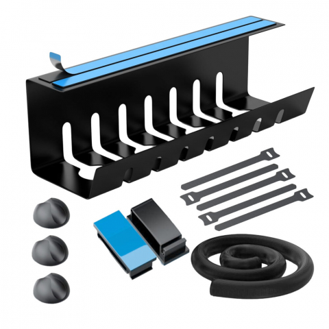 Organizatorare Cabluri - Organizator de cabluri sub birou NewEvo, metal robust, potrivit pentru majoritatea birourilor, cu banda autoadeziva, cleme autoadezive, fara gaurire, dimensiune 43 x 12 x 12 cm, Negru