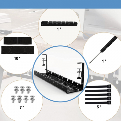 Organizator de cabluri sub birou NewEvo, tava pentru cablu de alimentare, metal robust, potrivit pentru majoritatea birourilor, cu clema, fara gaurire, retractabil, dimensiune extensibila 29-54 cm, Negru [10]