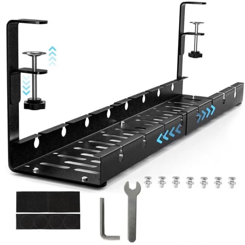 PC, Periferice & Software - Organizator de cabluri sub birou NewEvo, tava pentru cablu de alimentare, metal robust, potrivit pentru majoritatea birourilor, cu clema, fara gaurire, retractabil, dimensiune extensibila 29-54 cm, Negru