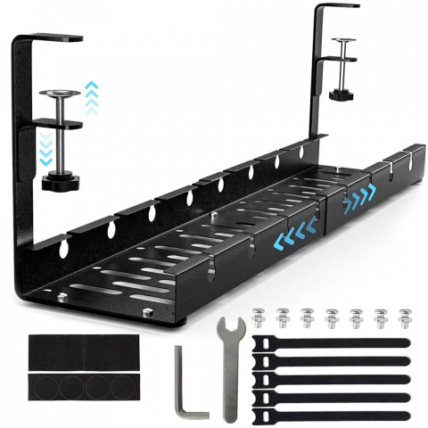 PC, Periferice & Software - Organizator de cabluri sub birou NewEvo, tava pentru cablu de alimentare, metal robust, potrivit pentru majoritatea birourilor, cu clema, fara gaurire, retractabil, dimensiune extensibila 29-54 cm, Negru