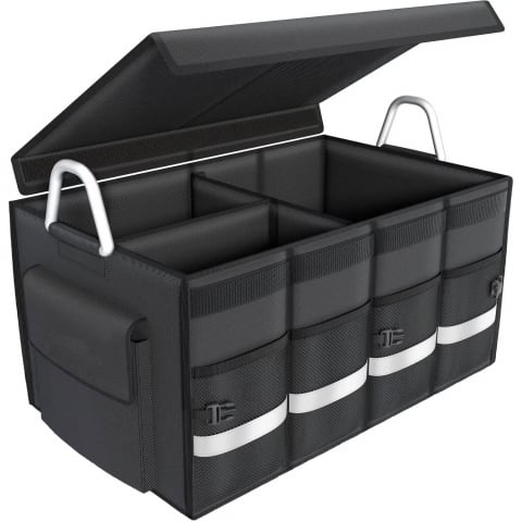 Accesorii auto interioare - Organizator portbagaj auto, NewEvo, geanta multifunctionala, pliabil, 3 compartimente, impermeabil cu manere din aluminiu, banda reflectorizanta, 60 X 35 X 30 cm, 65L, Negru