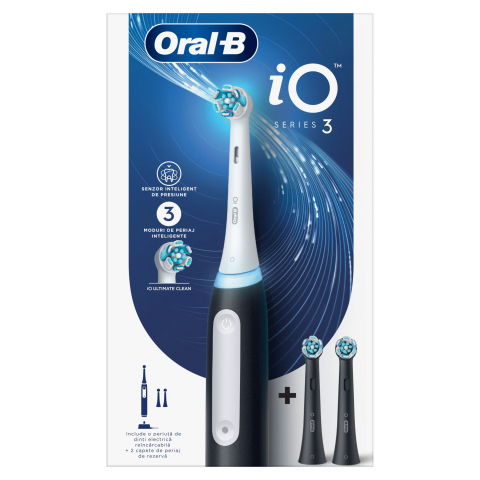 Ingrijire personala & Cosmetice - Periuta de dinti electrica Oral-B iO3 cu Tehnologie Magnetica si Micro-Vibratii, Senzor de presiune Smart, 3 moduri, 1 capat, Negru + 2 capete de periaj