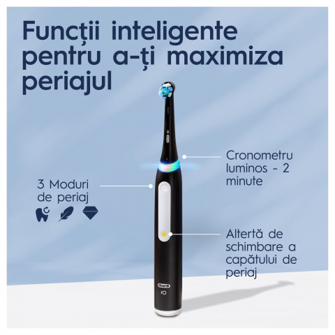 Periuta de dinti electrica Oral-B iO3 cu Tehnologie Magnetica si Micro-Vibratii, Senzor de presiune Smart, 3 moduri, 1 capat, Negru + 2 capete de periaj [3]