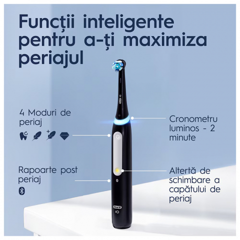 Periuta de dinti electrica Oral-B iO4 cu Tehnologie Magnetica si Micro-Vibratii,, Senzor de presiune Smart, 4 moduri, 1 capat, Trusa de calatorie, Negru [6]
