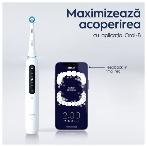 Periuta de dinti electrica Oral-B iO5 cu Tehnologie Magnetica si Micro-Vibratii, Inteligenta artificiala, Display conversational, Senzor de presiune Smart, 5 moduri, 1 capat, Trusa de calatorie, Alb [4]
